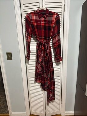 Red Plaid High-Low Shirt Dress with Tie Waist